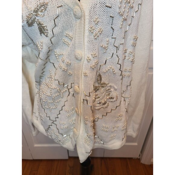 Vintage 90's/Y2K White/Silver Beaded Cardigan S Pearls Cottage Fairy Feminine - Picture 7 of 9